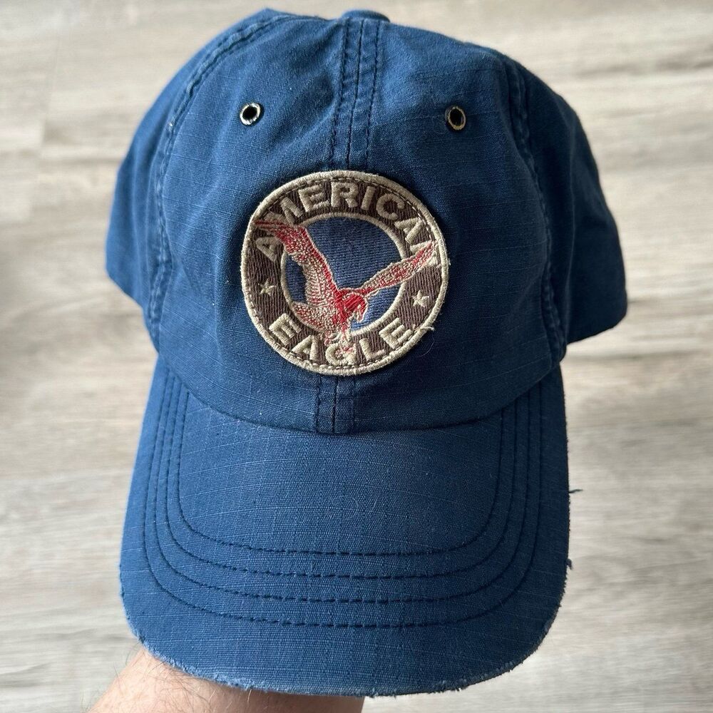 American Eagle Outfitters AEO Blue & Brown Distressed Patch Ball Cap Hat - Picture 2 of 8